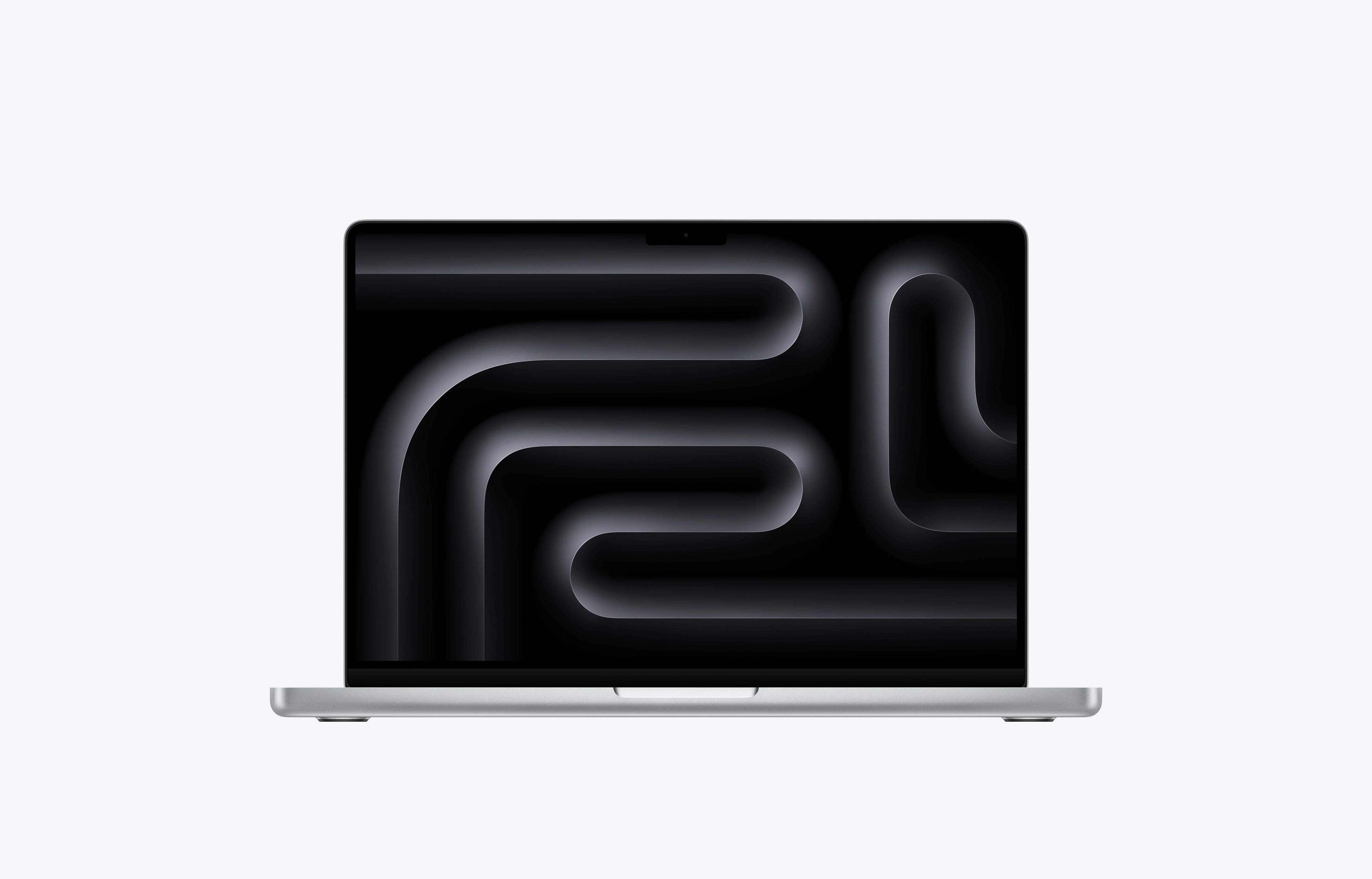 Laptop with a black screen displaying abstract white lines on a white background