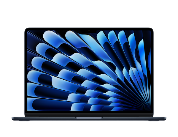 Laptop with a blue abstract design on the screen against a white background