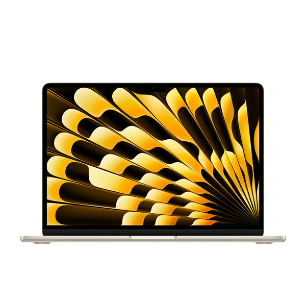 Laptop with a gold and black abstract design on the screen against a white background
