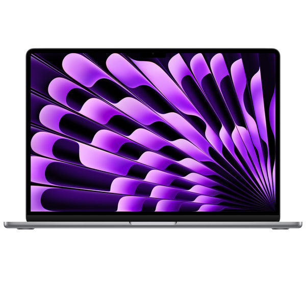 Laptop with a purple abstract design on the screen against a white background