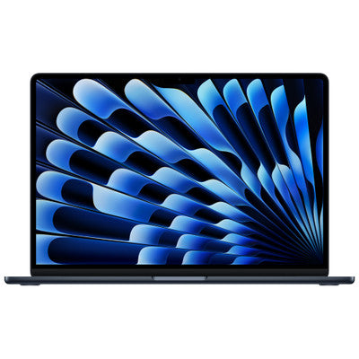 Laptop with a blue abstract design on the screen against a white background